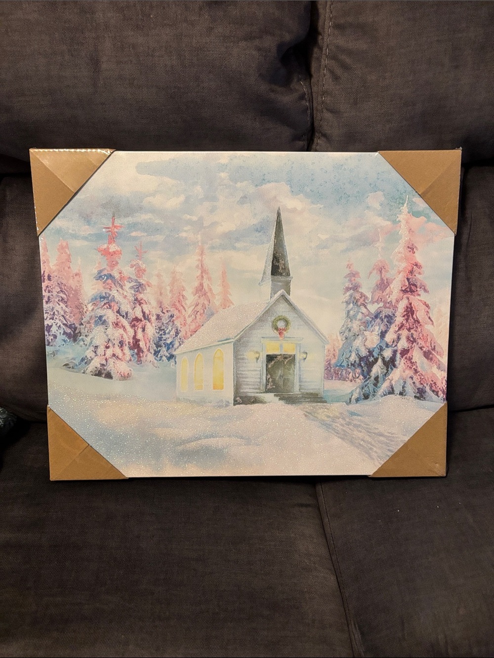 Winter Chapel Canvas Wall Art - Pastel Snow Scene